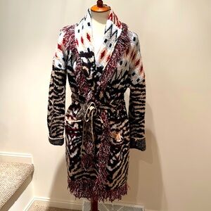 Anthropologie Multicolor Patterned Fringe Wrap Cardigan